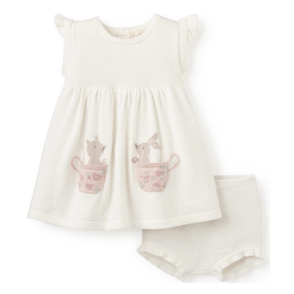 NWT Elegant baby White Baby Dress with bunny tea cup embroidered Pockets 9-12